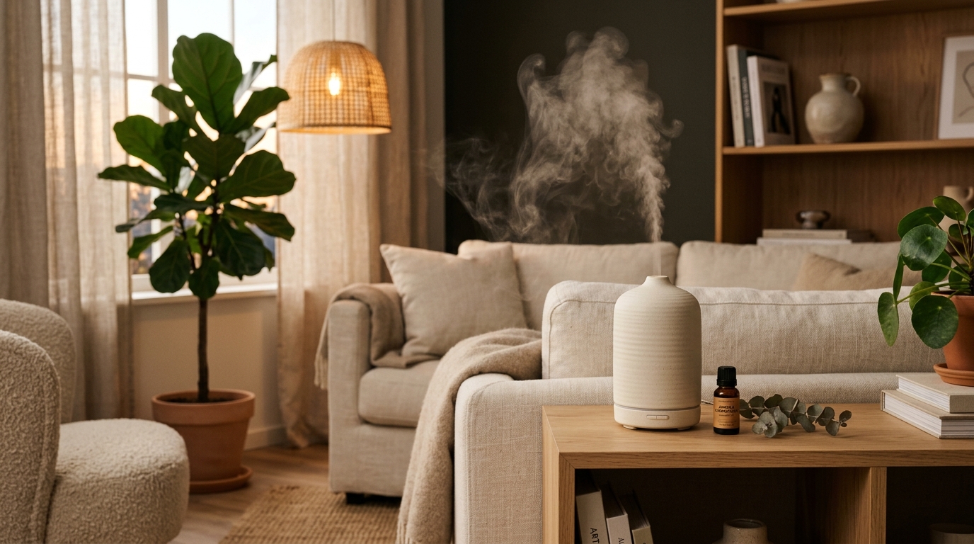 Moderner Aroma Diffuser im Wohnzimmer mit sanftem Nebel